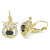 Oro Laminado Leverback Earring, Gold Filled Style Owl Design, with Black and White Cubic Zirconia, Polished, Golden Finish, 02.210.0434.2