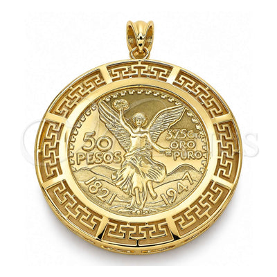 Oro Laminado Religious Pendant, Gold Filled Style Centenario Coin and Angel Design, Polished, Golden Finish, 05.253.0107