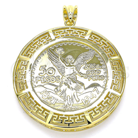 Oro Laminado Religious Pendant, Gold Filled Style Centenario Coin and Angel Design, Polished, Golden Finish, 05.253.0107
