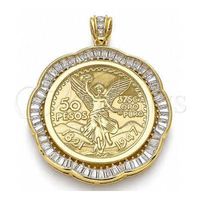 Oro Laminado Religious Pendant, Gold Filled Style Centenario Coin and Angel Design, with White Cubic Zirconia, Polished, Golden Finish, 05.253.0108