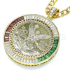Oro Laminado Religious Pendant, Gold Filled Style Centenario Coin and Angel Design, with Multicolor Cubic Zirconia, Polished, Golden Finish, 05.253.0078.1