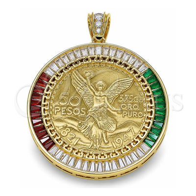Oro Laminado Religious Pendant, Gold Filled Style Centenario Coin and Angel Design, with Multicolor Cubic Zirconia, Polished, Golden Finish, 05.253.0078.1