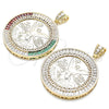 Oro Laminado Religious Pendant, Gold Filled Style Centenario Coin and Angel Design, with Multicolor Cubic Zirconia, Polished, Golden Finish, 05.253.0078.1