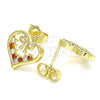 Oro Laminado Stud Earring, Gold Filled Style Heart and Bow Design, with Garnet and White Cubic Zirconia, Polished, Golden Finish, 02.195.0125.1