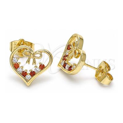 Oro Laminado Stud Earring, Gold Filled Style Heart and Bow Design, with Garnet and White Cubic Zirconia, Polished, Golden Finish, 02.195.0125.1