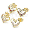 Oro Laminado Stud Earring, Gold Filled Style Heart and Bow Design, with Garnet and White Cubic Zirconia, Polished, Golden Finish, 02.195.0125.1