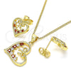 Oro Laminado Earring and Pendant Adult Set, Gold Filled Style Heart and Bow Design, with Garnet and White Cubic Zirconia, Polished, Golden Finish, 10.195.0056.1