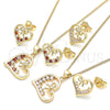 Oro Laminado Earring and Pendant Adult Set, Gold Filled Style Heart and Bow Design, with Garnet and White Cubic Zirconia, Polished, Golden Finish, 10.195.0056.1