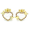 Oro Laminado Stud Earring, Gold Filled Style Heart and Butterfly Design, with Garnet and White Micro Pave, Polished, Golden Finish, 02.195.0127.1