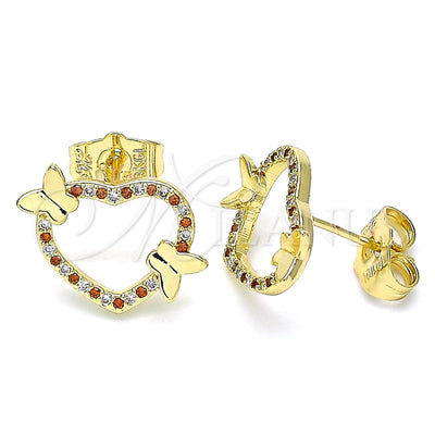 Oro Laminado Stud Earring, Gold Filled Style Heart and Butterfly Design, with Garnet and White Micro Pave for wholesale, main product view