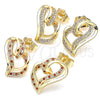 Oro Laminado Stud Earring, Gold Filled Style Heart Design, with Garnet and White Micro Pave, Polished, Golden Finish, 02.195.0128.1