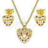 Oro Laminado Earring and Pendant Adult Set, Gold Filled Style Heart Design, with Garnet Micro Pave and White Cubic Zirconia, Polished, Golden Finish, 10.233.0032.7