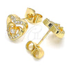 Oro Laminado Stud Earring, Gold Filled Style Heart Design, with White Micro Pave and White Cubic Zirconia, Polished, Golden Finish, 02.233.0047