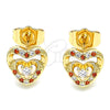 Oro Laminado Stud Earring, Gold Filled Style Heart Design, with Garnet Micro Pave and White Cubic Zirconia, Polished, Golden Finish, 02.233.0047.1
