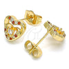 Oro Laminado Stud Earring, Gold Filled Style Heart Design, with Garnet Micro Pave and White Cubic Zirconia, Polished, Golden Finish, 02.233.0047.1