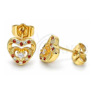 Oro Laminado Stud Earring, Gold Filled Style Heart Design, with Garnet Micro Pave and White Cubic Zirconia, Polished, Golden Finish, 02.233.0047.1