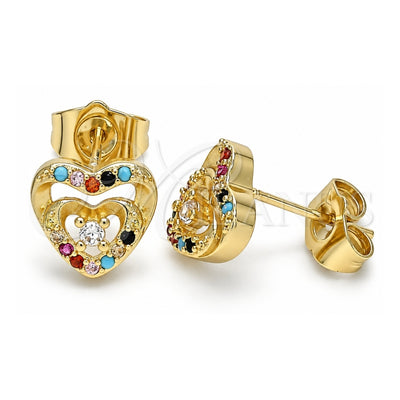 Oro Laminado Stud Earring, Gold Filled Style Heart Design, with Multicolor Micro Pave and White Cubic Zirconia, Polished, Golden Finish, 02.233.0047.2