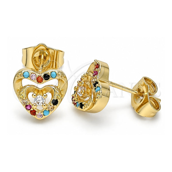 Oro Laminado Stud Earring, Gold Filled Style Heart Design, with Multicolor Micro Pave and White Cubic Zirconia, Polished, Golden Finish, 02.233.0047.2