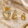 Oro Laminado Stud Earring, Gold Filled Style Heart Design, with White Micro Pave, Polished, Golden Finish, 02.233.0048