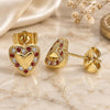 Oro Laminado Stud Earring, Gold Filled Style Heart Design, with Garnet and White Micro Pave, Polished, Golden Finish, 02.233.0048.1
