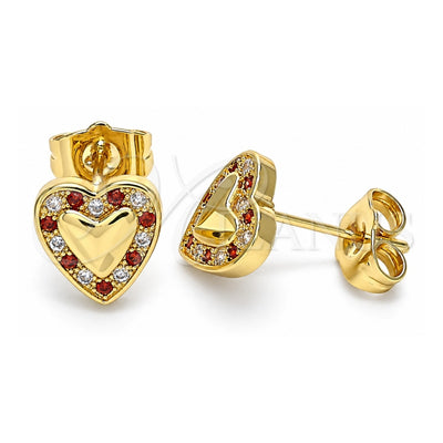 Oro Laminado Stud Earring, Gold Filled Style Heart Design, with Garnet and White Micro Pave, Polished, Golden Finish, 02.233.0048.1