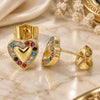 Oro Laminado Stud Earring, Gold Filled Style Heart Design, with Multicolor Micro Pave, Polished, Golden Finish, 02.233.0048.2