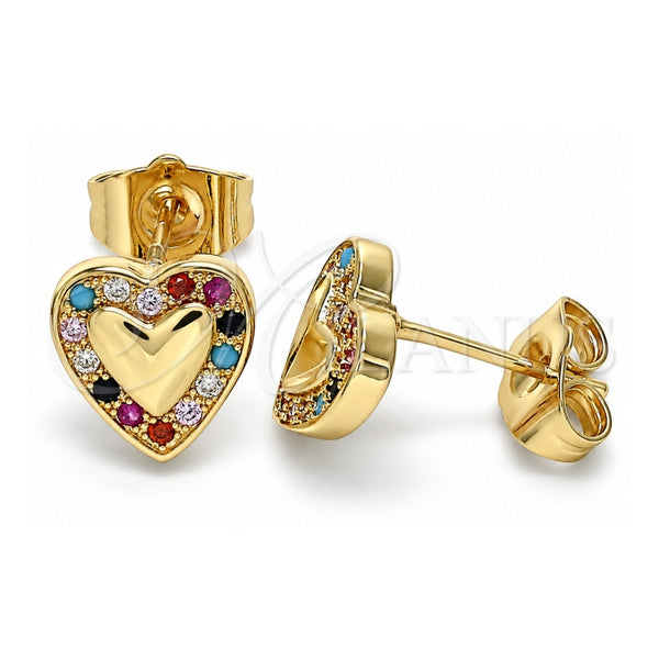 Oro Laminado Stud Earring, Gold Filled Style Heart Design, with Multicolor Micro Pave, Polished, Golden Finish, 02.233.0048.2
