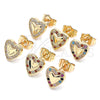 Oro Laminado Stud Earring, Gold Filled Style Heart Design, with Multicolor Micro Pave, Polished, Golden Finish, 02.233.0048.2