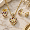 Oro Laminado Earring and Pendant Adult Set, Gold Filled Style Heart Design, with Garnet and White Micro Pave, Polished, Golden Finish, 10.233.0034.8