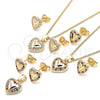 Oro Laminado Earring and Pendant Adult Set, Gold Filled Style Heart Design, with Garnet and White Micro Pave, Polished, Golden Finish, 10.233.0034.8