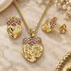 Oro Laminado Earring and Pendant Adult Set, Gold Filled Style Heart Design, with Garnet and White Micro Pave, Diamond Cutting Finish, Golden Finish, 10.233.0040.7