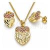 Oro Laminado Earring and Pendant Adult Set, Gold Filled Style Heart Design, with Garnet and White Micro Pave, Diamond Cutting Finish, Golden Finish, 10.233.0040.7