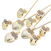 Oro Laminado Earring and Pendant Adult Set, Gold Filled Style Heart Design, with Garnet and White Micro Pave, Diamond Cutting Finish, Golden Finish, 10.233.0040.7
