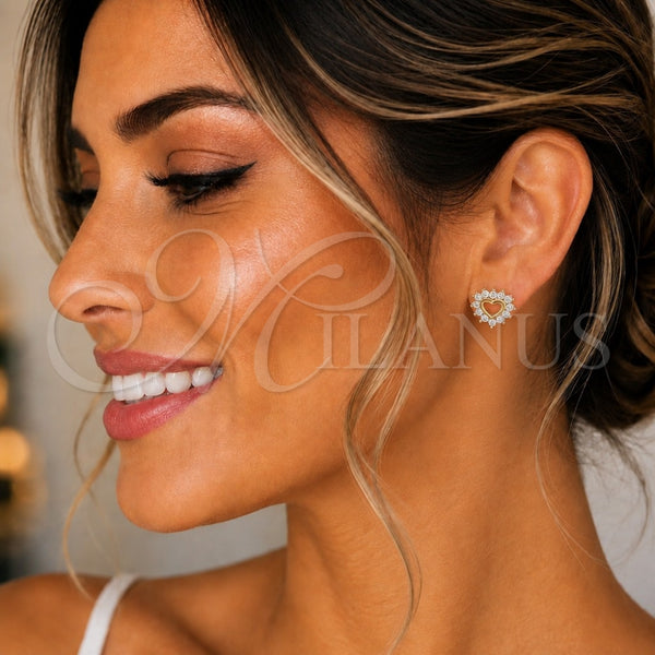 Oro Laminado Stud Earring, Gold Filled Style Heart Design, with White Cubic Zirconia, Polished, Golden Finish, 02.233.0024.7