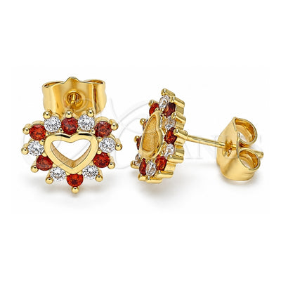 Oro Laminado Stud Earring, Gold Filled Style Heart Design, with Garnet and White Cubic Zirconia, Polished, Golden Finish, 02.233.0024.8