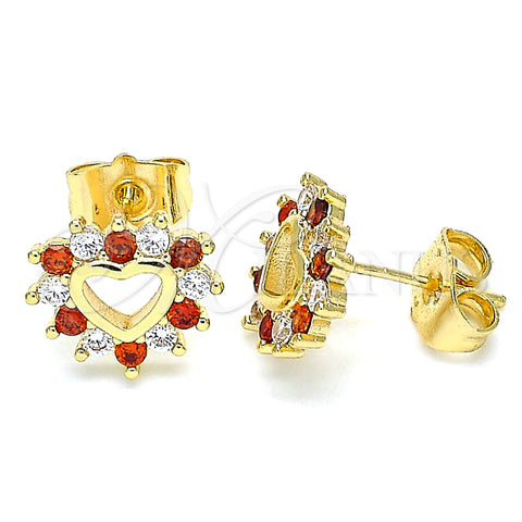 Oro Laminado Stud Earring, Gold Filled Style Heart Design, with Garnet and White Cubic Zirconia, Polished, Golden Finish, 02.233.0024.8