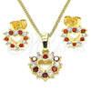 Oro Laminado Earring and Pendant Adult Set, Gold Filled Style Heart Design, with Garnet and White Cubic Zirconia, Polished, Golden Finish, 10.233.0042.1