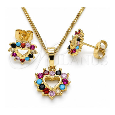 Oro Laminado Earring and Pendant Adult Set, Gold Filled Style Heart Design, with Multicolor Cubic Zirconia, Polished, Golden Finish, 10.233.0042.2