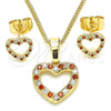 Oro Laminado Earring and Pendant Adult Set, Gold Filled Style Heart Design, with Garnet and White Micro Pave, Polished, Golden Finish, 10.233.0043.1