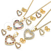 Oro Laminado Earring and Pendant Adult Set, Gold Filled Style Heart Design, with Garnet and White Micro Pave, Polished, Golden Finish, 10.233.0043.1