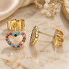 Oro Laminado Stud Earring, Gold Filled Style Heart Design, with Multicolor Micro Pave, Polished, Golden Finish, 02.233.0049.2