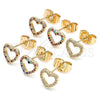 Oro Laminado Stud Earring, Gold Filled Style Heart Design, with Multicolor Micro Pave, Polished, Golden Finish, 02.233.0049.2