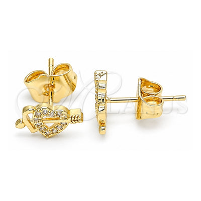 Oro Laminado Stud Earring, Gold Filled Style Heart Design, with White Micro Pave, Polished, Golden Finish, 02.233.0050
