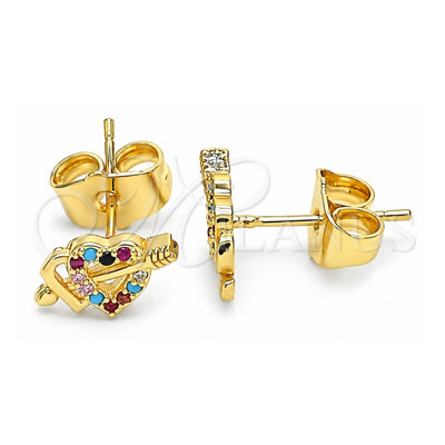 Oro Laminado Stud Earring, Gold Filled Style Heart Design, with Multicolor Micro Pave, Polished, Golden Finish, 02.233.0050.2