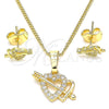 Oro Laminado Earring and Pendant Adult Set, Gold Filled Style Heart Design, with White Micro Pave, Polished, Golden Finish, 10.233.0044