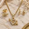 Oro Laminado Earring and Pendant Adult Set, Gold Filled Style Heart Design, with White Micro Pave, Polished, Golden Finish, 10.233.0044