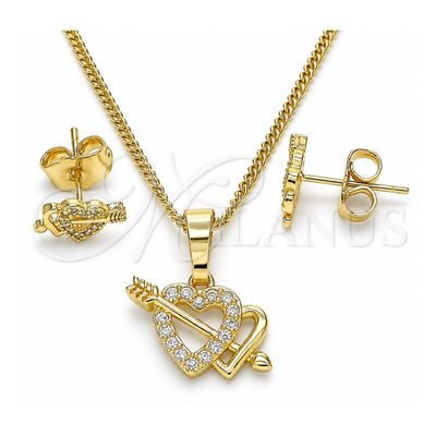 Oro Laminado Earring and Pendant Adult Set, Gold Filled Style Heart Design, with White Micro Pave, Polished, Golden Finish, 10.233.0044