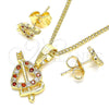 Oro Laminado Earring and Pendant Adult Set, Gold Filled Style Heart Design, with Garnet and White Micro Pave, Polished, Golden Finish, 10.233.0044.1