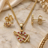 Oro Laminado Earring and Pendant Adult Set, Gold Filled Style Heart Design, with Garnet and White Micro Pave, Polished, Golden Finish, 10.233.0044.1