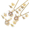 Oro Laminado Earring and Pendant Adult Set, Gold Filled Style Heart Design, with Garnet and White Micro Pave, Polished, Golden Finish, 10.233.0044.1
